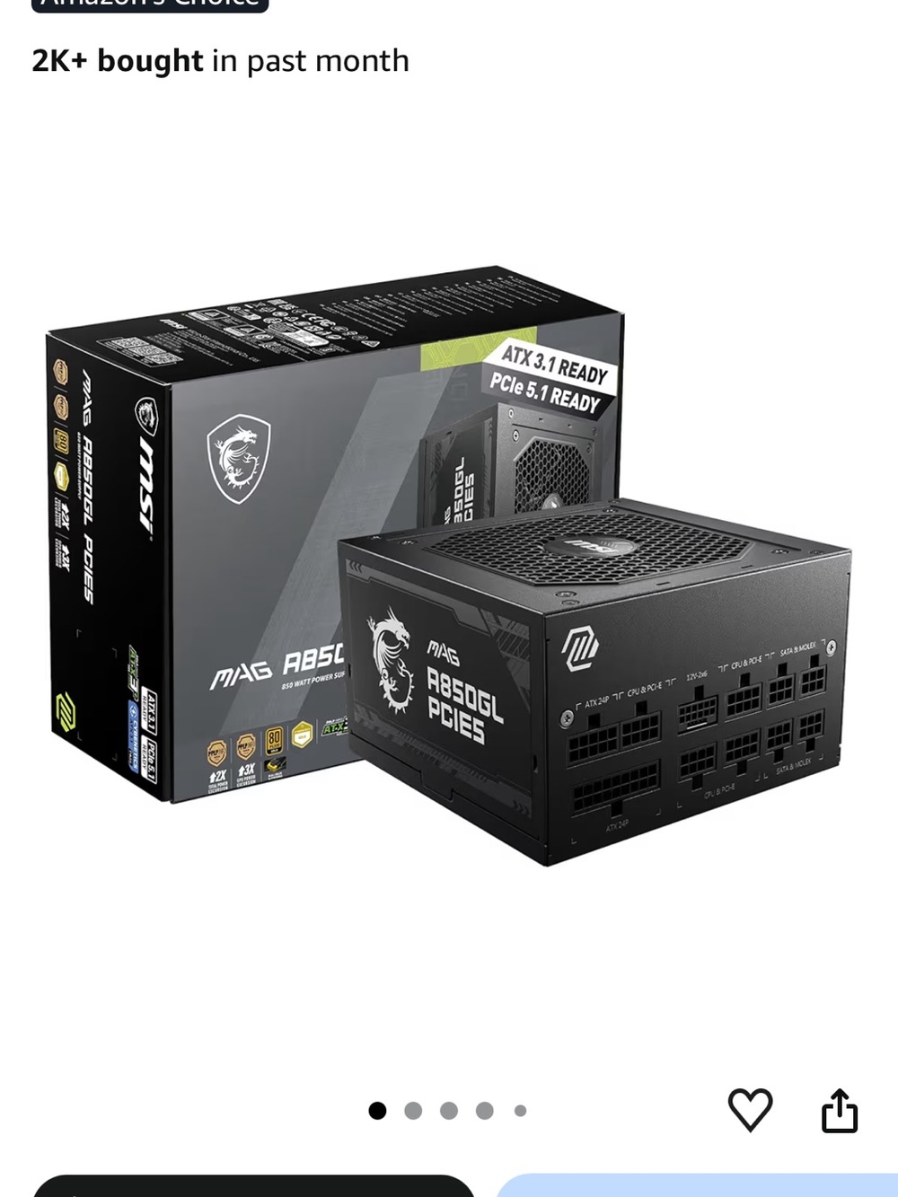 MSI MAG A850GL PCIE5 Modular Power Supply - Black & Silver Accents